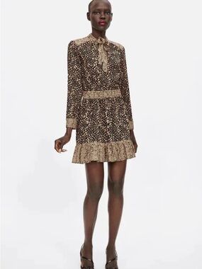 Zara Brown Leopard-Print Tie-Neck Mini Dress Sz Large